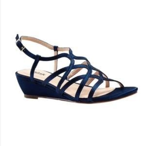 Pink Paradox Opulent Navy Satin Wedge Sandal 7.5